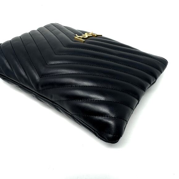 Saint Laurent YSL Uptown Pouch Black Chevron Quilted Leather Wristlet Bag Clutch - Picture 7 of 12